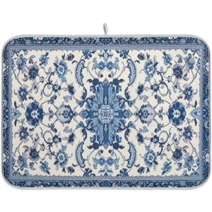Dish Drying Mat Kitchen Counter Absorbent Blue and White Pattern Coffee Sink Mat Dish Drainer Pad 18 Inch x 24 Inch, Blue and White Pattern