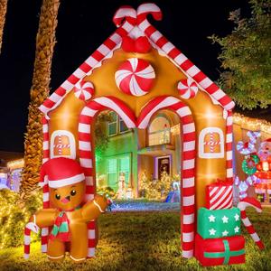 Lenwen 10 ft Christmas Inflatable Gingerbread House Archway Gingerbread Man Cookie House and Candy Cane Decor with LED Lights Set for Christmas Party Indoor Outdoor Yard, Door Holiday Decorations (Red)