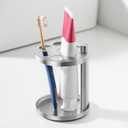 Stainless Toothbrush Holder Stand for Bathroom: Stainless Steel Ventilated Organizer with Slots for Electric Toothbrushes, Toothpaste, Razors & Small Comb, Unique Footprint Base Design, Brushed Silver