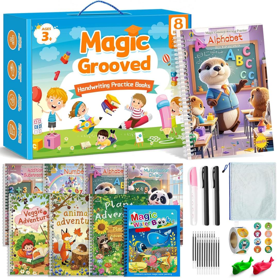 Magic Grooved Writing Practice Books for Kids, Reusable Handwriting Practice Books, Grooved Writing Books, Preschool Learning Activities Gifts for 3 4 5 6 7 8 9 10 11 12 Years Old Boys Girls(8)