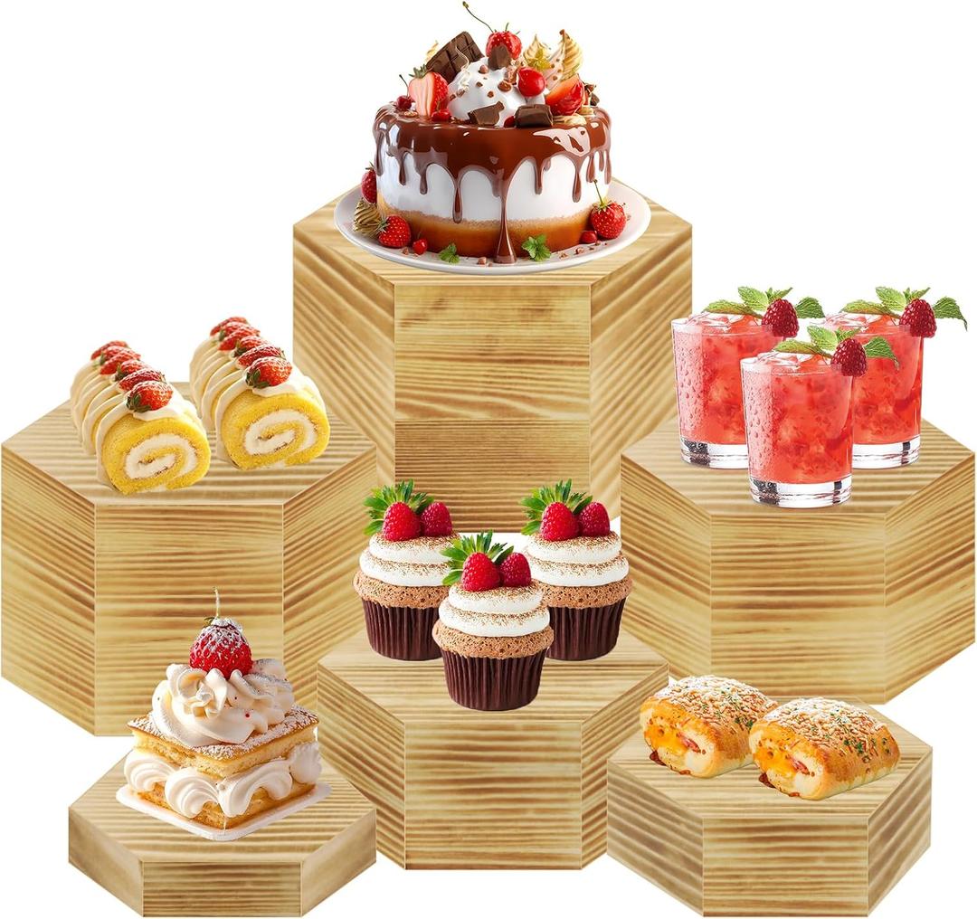 6 Pack Wooden Buffet Risers, Hexagon Food Risers for Buffet Party Rustic Wood Cake & Cupcake Stands Nesting Box Wooden Crates for Display