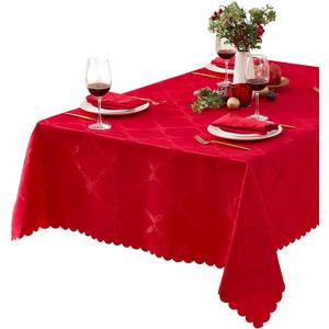 Newbridge Rectangle Tablecloth, 52 x 70 Inch, Ribbons and Bows Damask, Wrinkle and Stain Resistant Fabric Table Cloth, Holiday Red