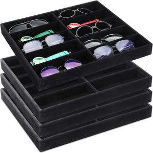 Batiyeer Sunglasses Organizer Storage Tray 10 Grids Eyewear Watch Holder Display Stackable Ice Velvet Tray Women (Black, 4 Pcs)