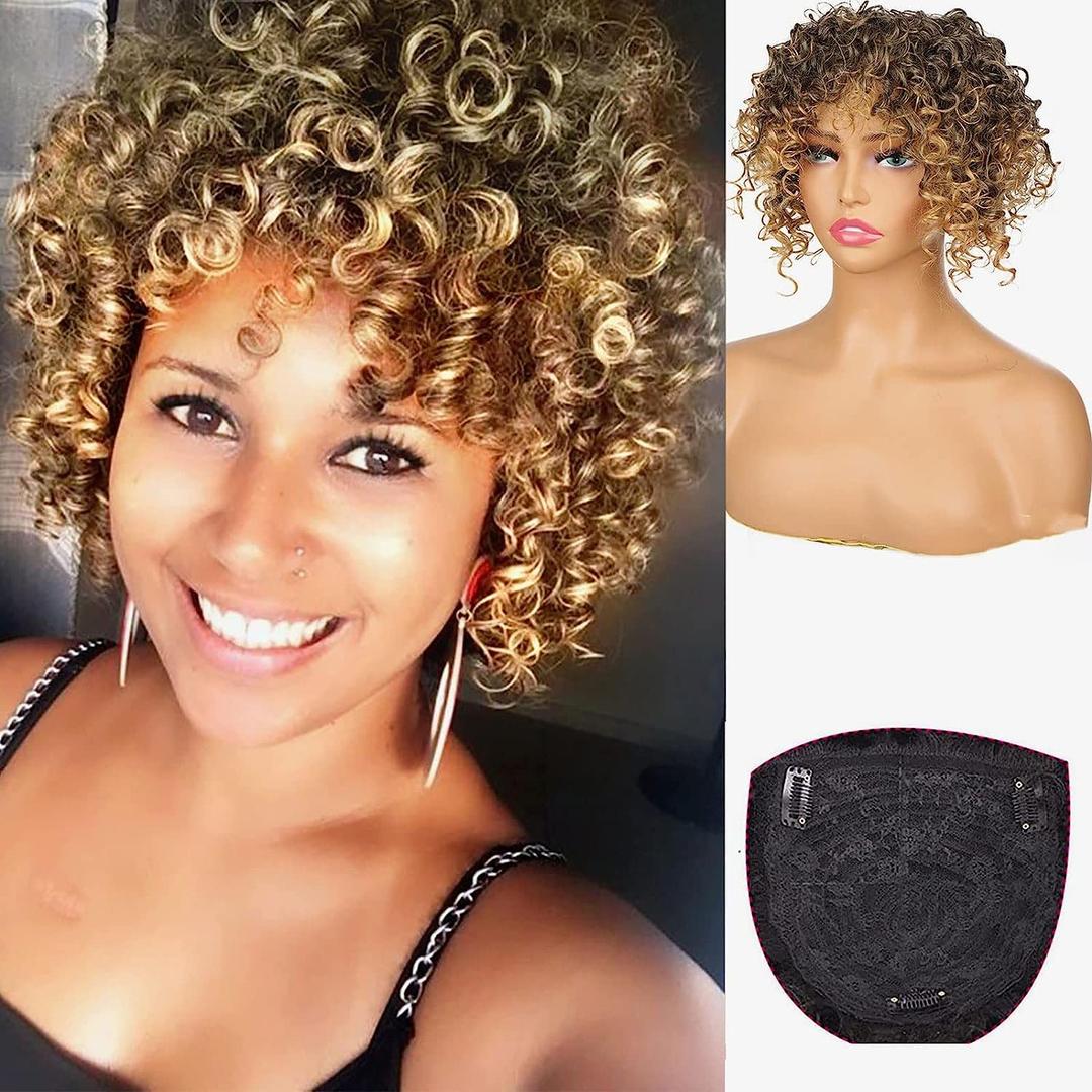 KRSI Short Afro Curly Synthetic Hair Topper Hair Pieces for Men and Women, Omber Blond Wiglets Hairpieces Toppers Pieces Wigs for Black Women With Thinning Hair Topper With Bangs (1B/27)