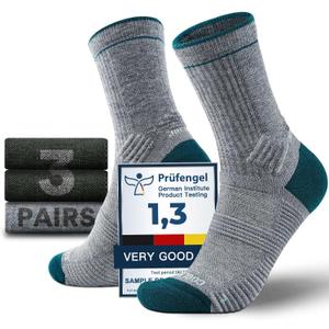 Juclise Mens Merino Wool Hiking Socks Micro Crew Compression Moisture Wicking Anti-Blister Cushioned Midweight (US, Alpha, Small, Regular, Regular, Olive*2 + Aqua Gray*1)