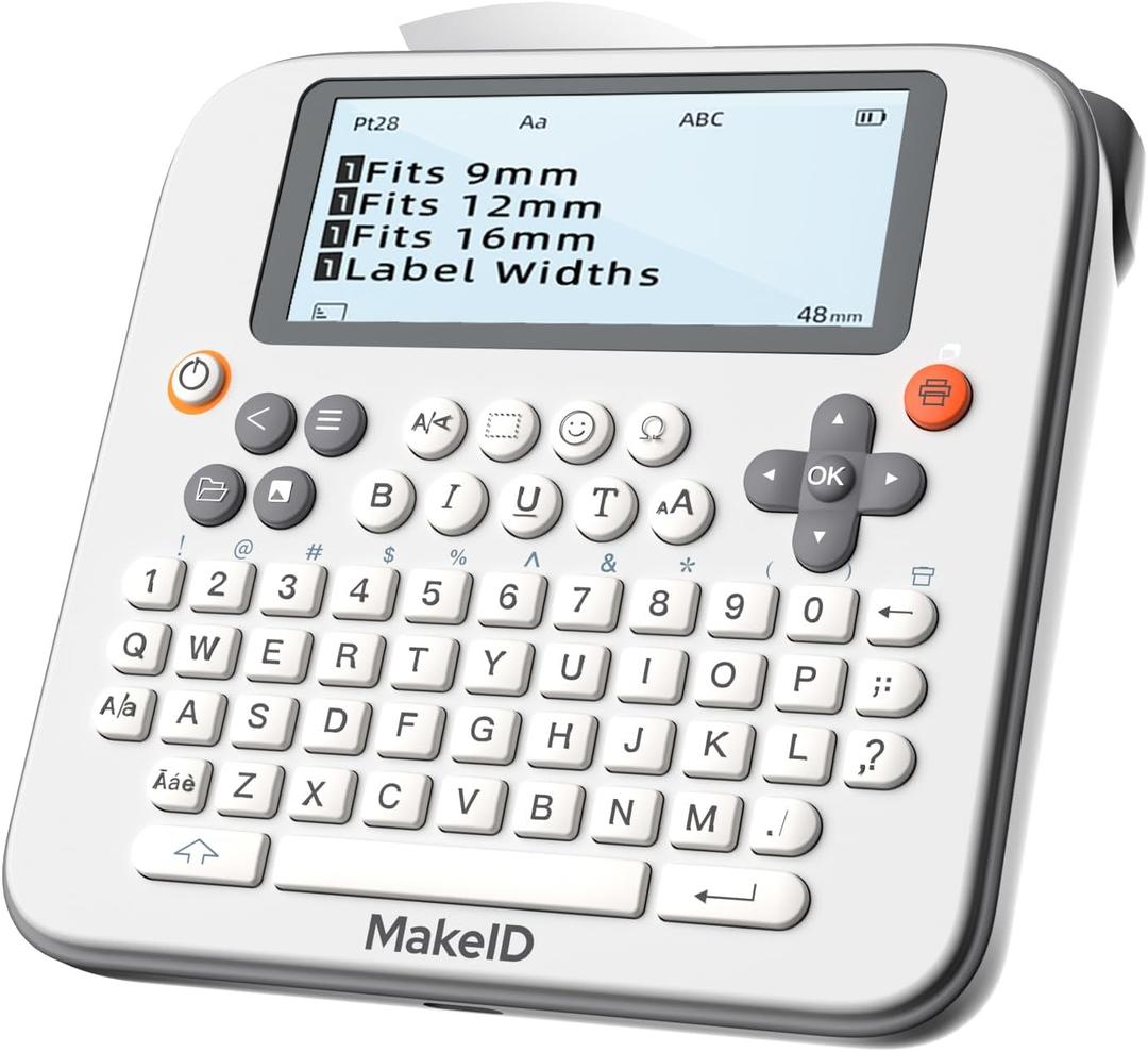 Makeid Label Maker E1, Bluetooth Rechargeable Label Maker Machine, QWERTY Keyboard Labeler, 3.4" Backlighting LCD Screen, Prints 9~16 mm (white)
