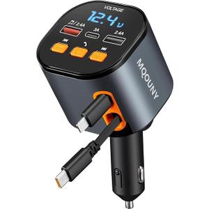 Retractable Car Charger,5 in 1 Fast Car Phone Charger 90W,Bluetooth 5.3 FM Transmitter Adapter,Handsfree Call,2 Retractable USBC Cables and USB Cars Chargers for iPhone 16/15/14/13/12/11,Galaxy,Pixel