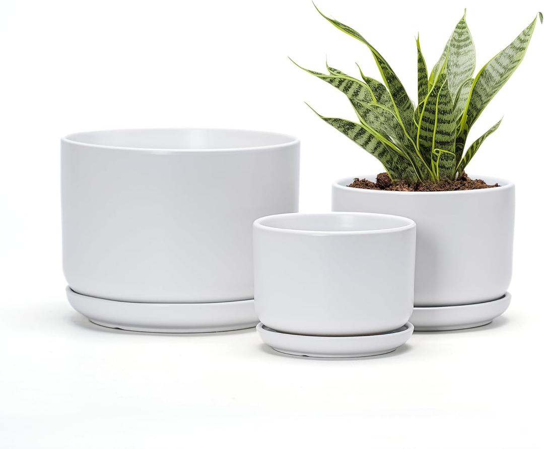 Ton Sin Plant Pots, 4.1+5.1+6.5 inch, Set of 3, Ceramic Planters with Drainage Hole and Saucer, Indoor Flower Pot with Drainage Hole, Gifts for Mom(Matte White)