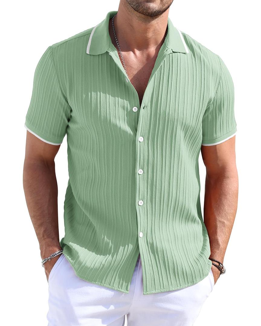 TUREFACE Short Sleeve Button Up Shirts Men's Green Textured Shirts Wrinkle-Free Fashion Summer Beach Shirts, XXL 