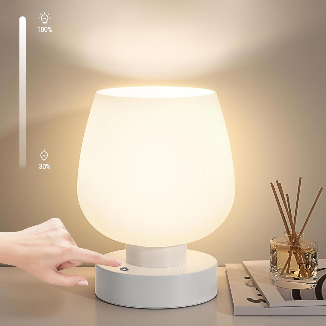 Cordless Bedside Lamp, Portable Rechargeable Table Lamps for Bedroom for Night Stands, Touch Stepless Dimmable Desk Lamp, Warm LED Bulb, Round Shape, 1 Set, White