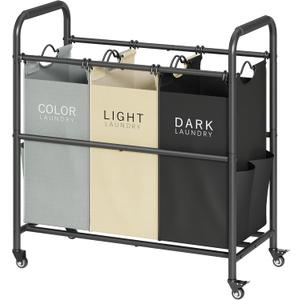 Tajsoon 3 Bag Laundry Sorter Cart, Laundry Hamper Sorter Basket with Heavy Duty Lockable Rolling Wheels for Clothes Storage, 3 Colors (GreyWhiteBlack)