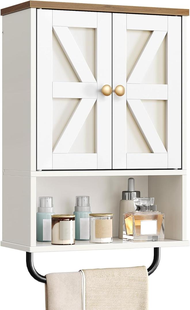 Bathroom Wall Cabinet, Medicine Cabinet with Open Partition and Towel Bar, Rustic Storage Cabinet with Open and Hidden Storage Space, for Bathroom, Living Room, Kitchen, White and Walnut (7.1"D x 15.4"W x 24.4"H)