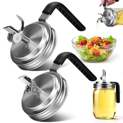 Palksky Wide Mouth Mason Jar Pour Spout Lids with Handle Stainless Steel, 2 Pack Oil Dispenser Mason Jar Lids with Auto-Flip Spout & Vent Tube for Honey, Syrup, Vinegar, Sauce