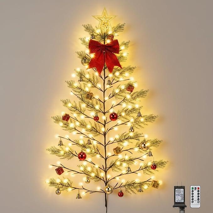 Lighted Christmas Wall Tree Mode Remote Control Hanging Tree Light with Xmas Ball Bow Star Green Stripe Garland Poinsettias Without Battery Half for Living Room Xmas Wall Decor