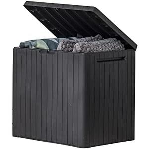 Keter City 30 Gallon Resin Outdoor Storage Box and Patio Furniture Side Table for Pool and Garden Accessories, Dark Grey