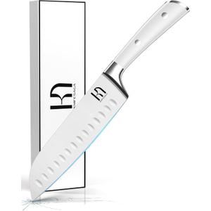 Santoku Knife 7 Inch, Japanese Professional Chef knife High Carbon Stainless Steel, Razor Sharp Chefs Kitchen Knife, Vegetable Chopping Knife for Cooking With Full-tang Handle, White