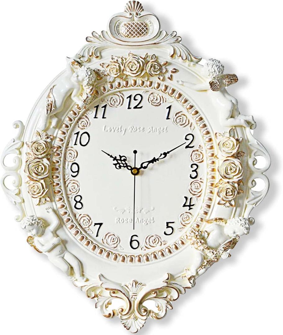 Rustic Wall Clock Decor,European Style Resin Battery Operated Silent Clock with Angel and Rose Relief Pattern for Living Room,Wall Decor (Golden)