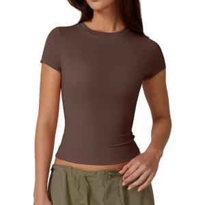 QINSEN Women's Crew Neck Short Sleeve Tees Double Lined Slim Fit T Shirt Basic Y2K Tops S
