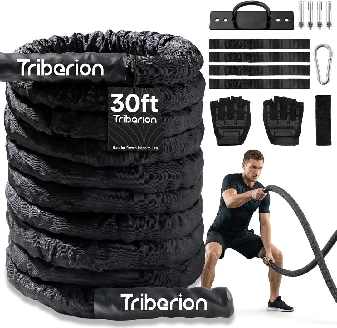 Battle Rope for Home Gym Workout - 1.5 Inch 30ft Heavy Weighted Training Exercise Ropes Fitness Equipment with Sleeve and Anchor Strap Kit for Outdoor Working Out (Black)