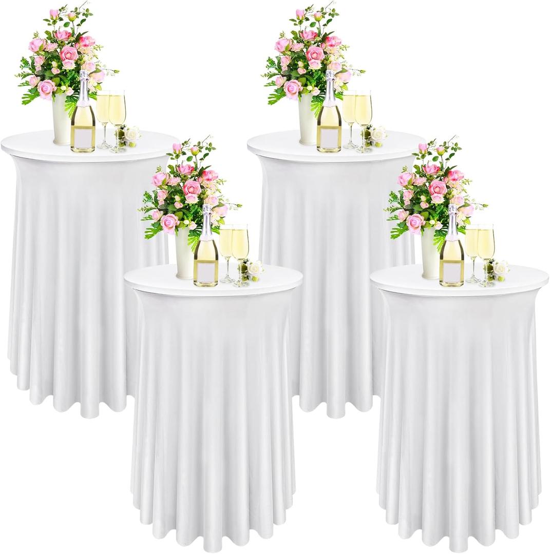 Bekith 4 Pack Round Spandex Stretch Cocktail Tablecloths with Natural Wavy, 32 x 43 Inch Cocktail Table Covers Round Table Skirt Fitted High Top Table Bar for Party Wedding Birthday Banquet (White)