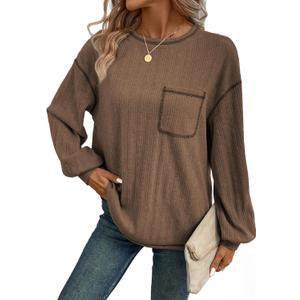 Dokotoo Long Sleeve Shirts for Women 2025 Casual Solid Crewneck Knitted Loose Fit Pullover Shirts Tops (Brown, S)
