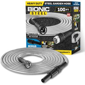 BIONIC STEEL 100 Ft Metal Garden Hose with Sprayer Nozzle, Non Kinking Designed Stainless Steel Heavy Duty Water Hose 100 Ft x 5/8 in. Flexible NON Expandable for Uninterrupted Water Flow, 500 PSI