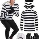URATOT Halloween Robber Costume Set, Include Striped Long Sleeve T-Shirt Knit Cap Gloves Canvas Bags and Eye Mask and Socks Size L