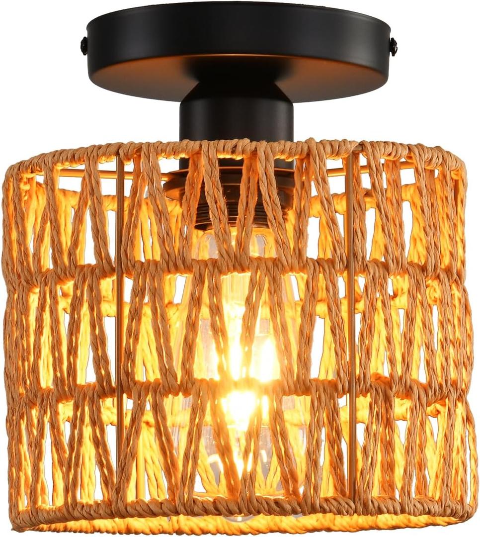 Ceiling Light Fixture,Hand-Woven Rattan Flush Mount Ceiling Light,Farmhouse Light Fixtures Ceiling Mount Boho for Hallway Bedroom Kitchen Entryway Living Room