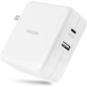 Philips iPhone Charger Fast Charging, 60W USB C 2-Port USB C Charging Block, Foldable Fast Wall Charger for iPhone 16 Series, 15 Series, iPad Pro, White DLP2607Q/37