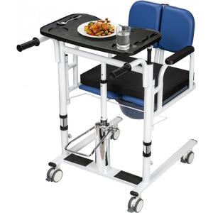 Patient Lift Transfer Chair for Home, 440lbs Capacity,Equipped with a Hydraulic Lift Bar, Commode, and Dining Table4 in 1 Shower Chair with 180 Split Seat, for Elderly Transfer to Bed/Toilet (Blue)