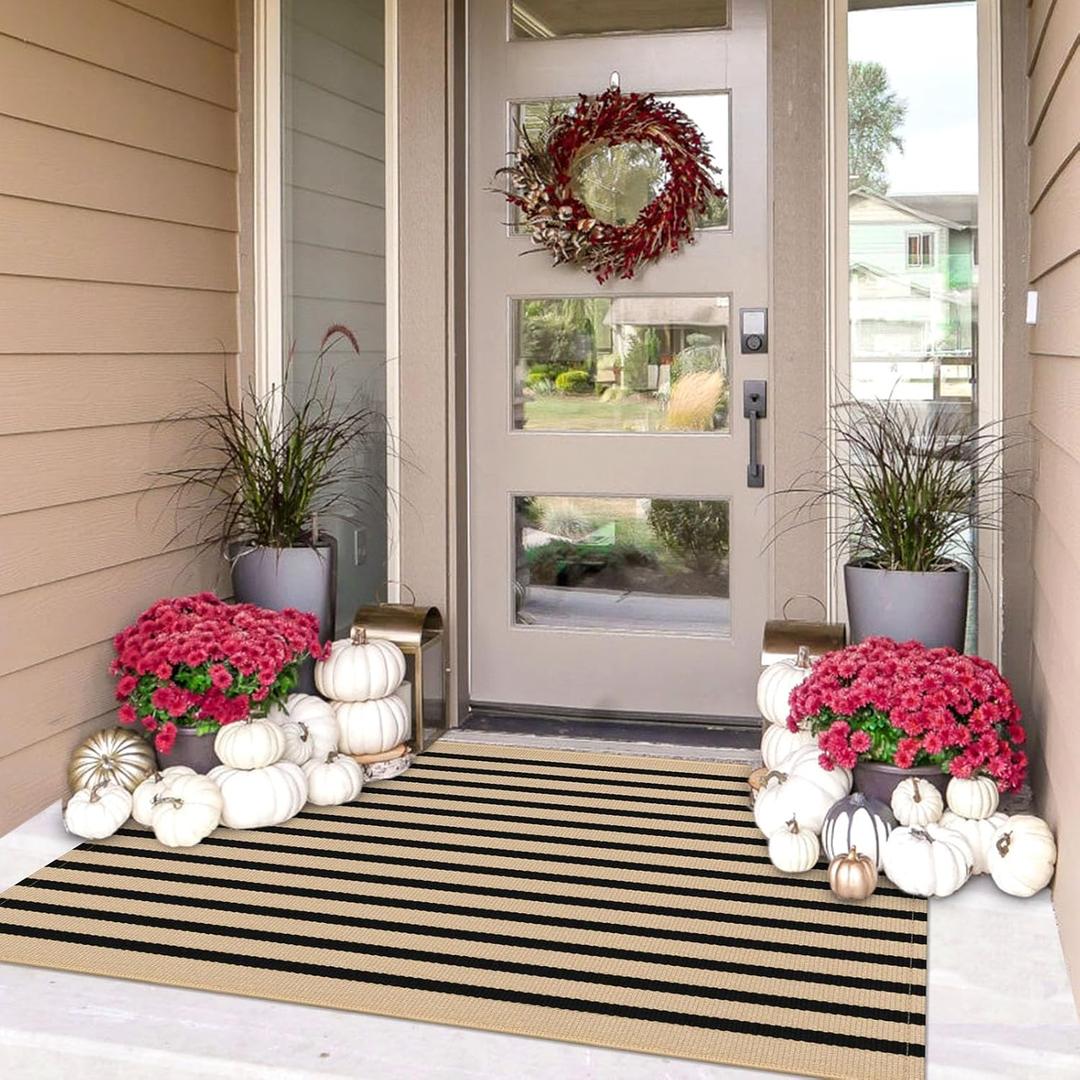 IOHOUZE Striped Area Rug 3'x5' Front Door Rugs Small Washable Area Rug for Front Porch, Spring Summer Welcome Door Mats Outdoor Indoor, Doormat for Entryway Porch Entrance, Tan/Black