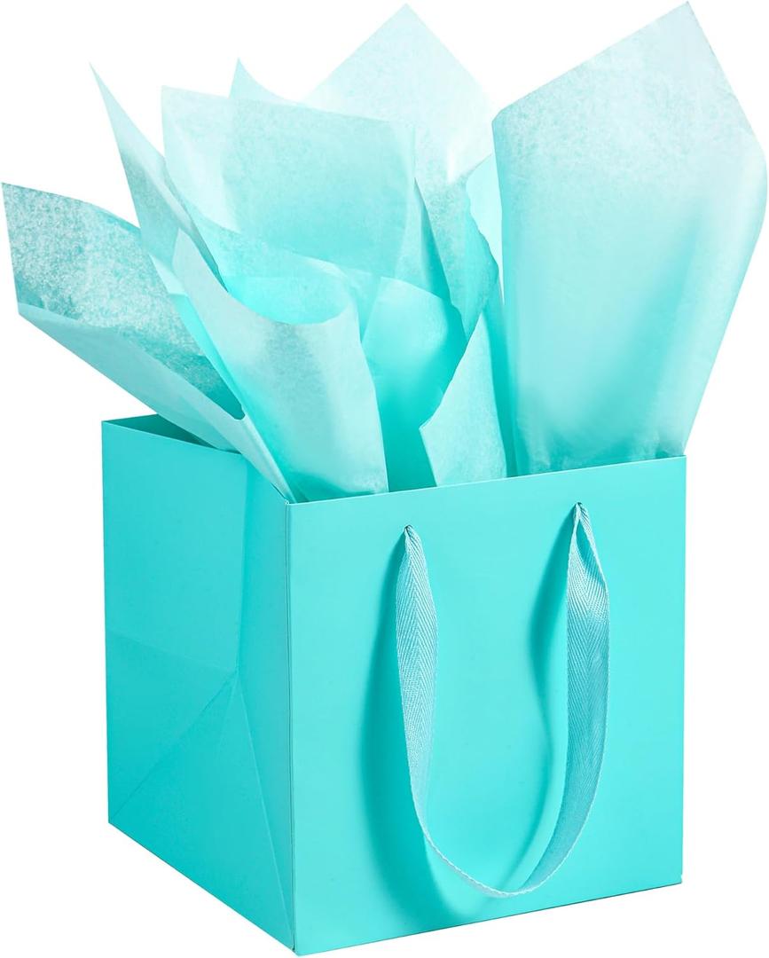 AZOWA Teal Square Gift Bags with Tissue - 8 Inch Teal Blue Square Paper Bags with Handles for Party Favors (10 PCS, 8x8x8 in)