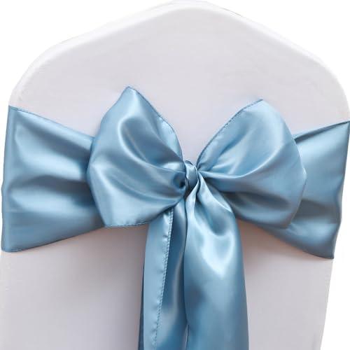 JFDYDM 50 Pack Satin Dusty Blue Chair Sashes for Wedding Party Birthday Reception, Hotel Event, Banquets Chairs Decorations, Dusty Blue Satin Chair Sashes Bows for Chairs