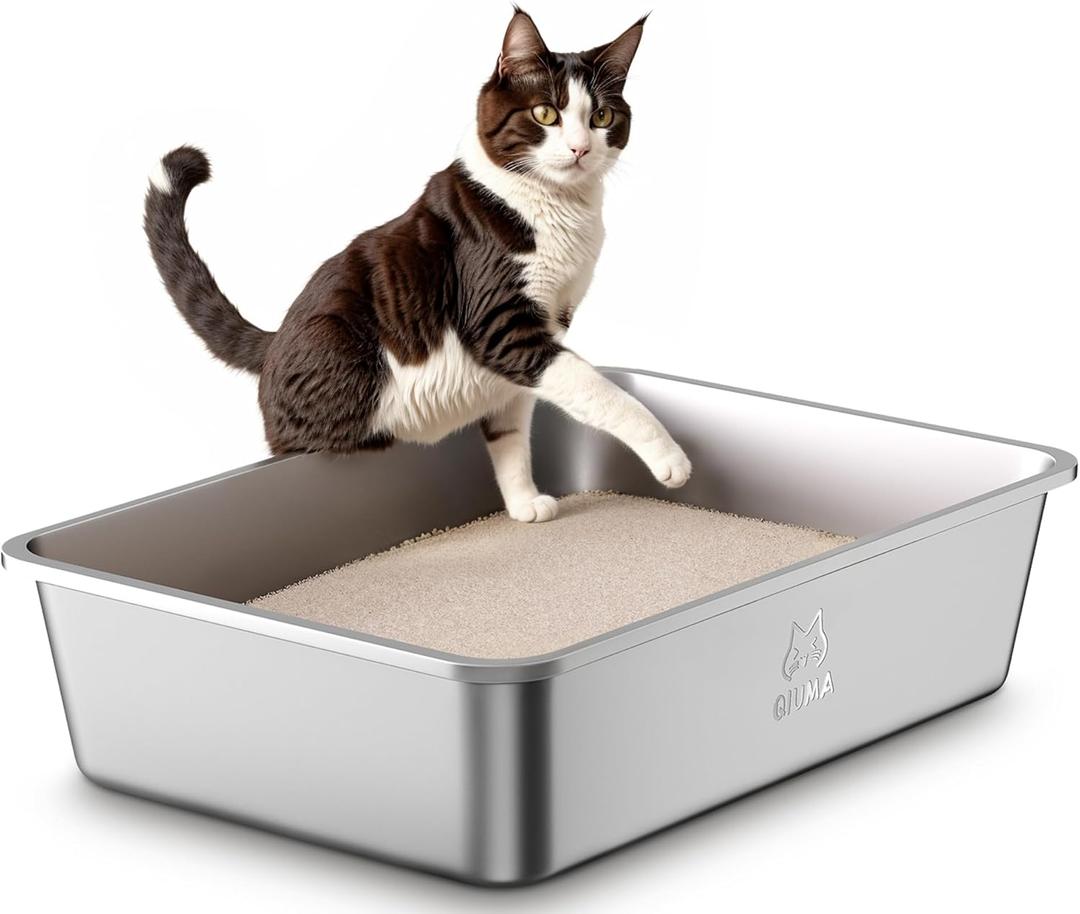 Stainless Steel Litter Box with Handle, Large Metal Cat Litter Box with High Sided for Big and Small Cats, Kitty Litter Boxes, Non-Stick, Easy to Clean, Odor-Free, Cat ToiletLitterbox (23.4"L15.6"W7.8"H)