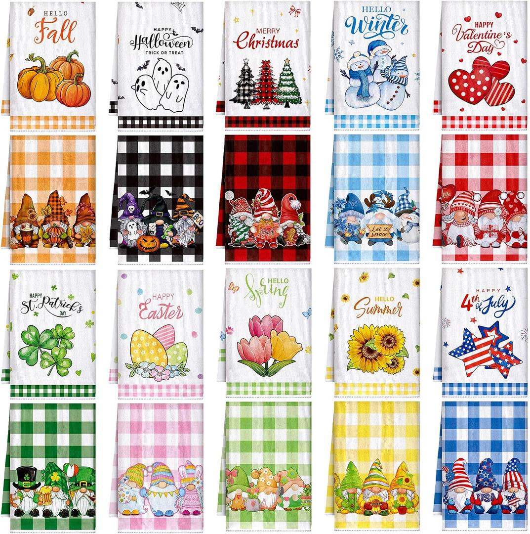 20 Pcs Holiday Kitchen Towels Seasonal Decorative Hand Towels Set Christmas Dish Cloths Winter Valentine's Day 16 x 24 Colorful Wash Cloths with Hanging Loop(Cute)