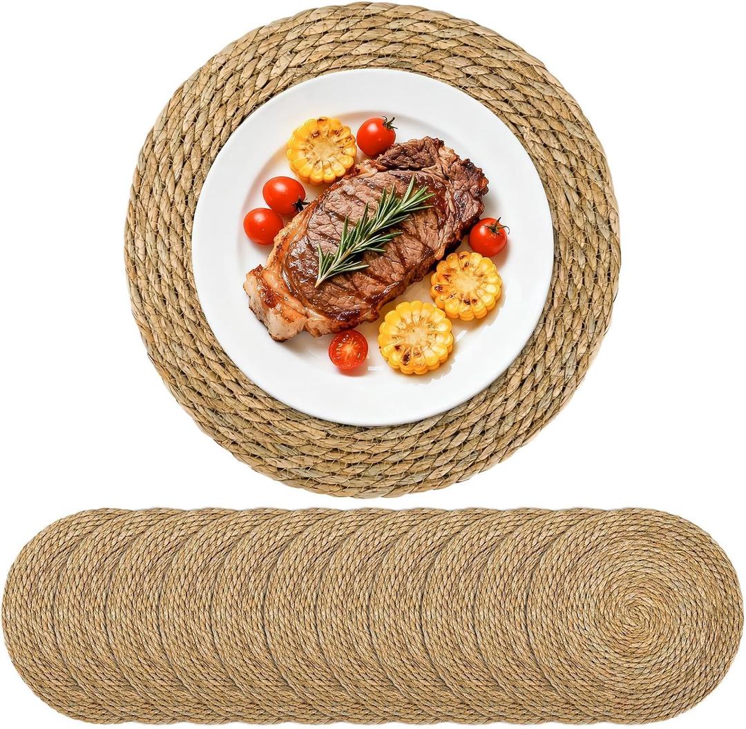 Set of 12 Round Woven Placemats, 13 Inch Rattan Chargers for Dinner Plates, Wicker Placemats, Boho Farmhouse Rustic Braided Jute Table Mats for Kitchen Dining Party Decor