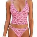 ZAFUL Tankini Swimsuits for Women V Neck Dual Straps Cropped Bikini Swimsuit High Cut 2 Pieces Bathing Suit (2-Floral Red, L)