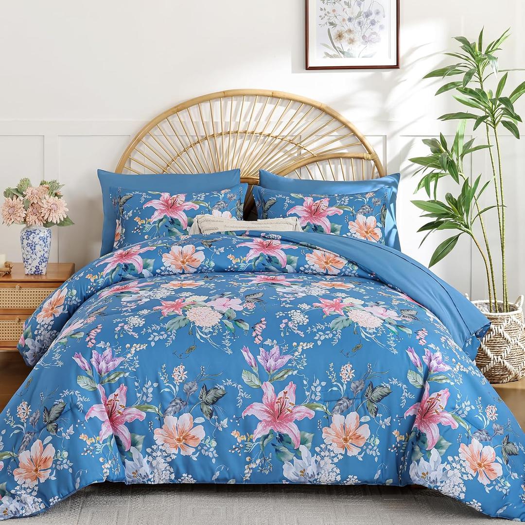 Drucon Queen Comforter Set - 7 Pieces Floral Sky Blue Soft Bedding Sets, Queen Bed in a Bag with Botanical Flowers Comforter, Sheets, Pillowcases & Shams