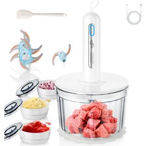 Glass Food Processor with 3 Blades & 4 Bowls (8 Cup + 3x0.5 Cup), Small Food Processor& Meat Grinder - Compact Design for Meal Prep, Baby Food, Sauces - Dishwasher Safe (white)