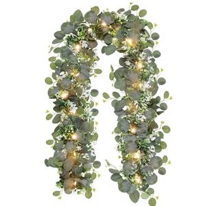 N&T NIETING 1 Pack Artificial Eucalyptus Garland with Lights, 6FT Artificial Greenery Garlands, Battery Operated Twig Vine for Room Stairs Mantle Wedding Holiday Decoration Indoor Outdoor