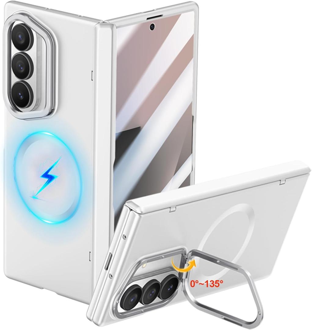 for Samsung Galaxy Z Fold 7 Case [Compatible with MagSafe], Built-in Camera Kickstand, Screen Protector & Hinge Protection, Full Body Slim & Light Magnetic Stand Phone Cover 5G, Silver