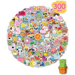 Stickers for Water Bottles, 300 Pcs/Pack Cute Vinyl Waterproof Laptop Sticker for School Students Gifts Supplies Classroom Teachers Prizes Stocking Stuffers Stickers for Kids Girls Teens