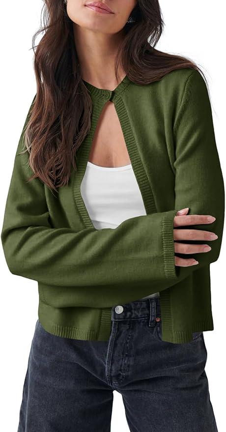Saodimallsu Womens Lightweight Cardigans Open Front Long Sleeve One Button Casual Crewneck Loose Knit Shrug Sweater, X-Large