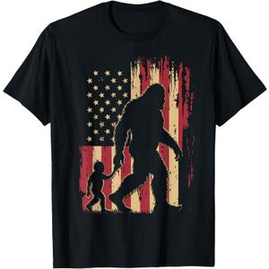 American Flag Bigfoot Dad Fathers Day Sasquatch Fathers Day T-Shirt (Black, XL)