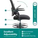 DUMOS Drafting Chair for Standing Desk, Counter Height Adjustable, Flip-up Arms, Ergonomic Mid Back Mesh Rolling Work Swivel Office Computer Chairs with Wheels, Black