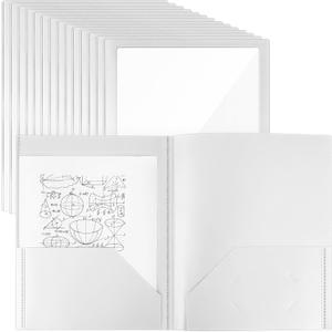 Teling 24 Pcs Plastic Folders with Front Clear Pockets and Business Card Holder 2 Pockets Folders for Letter Size Paper, School Office Financial Statements Supplies Nice Gift for School (White)