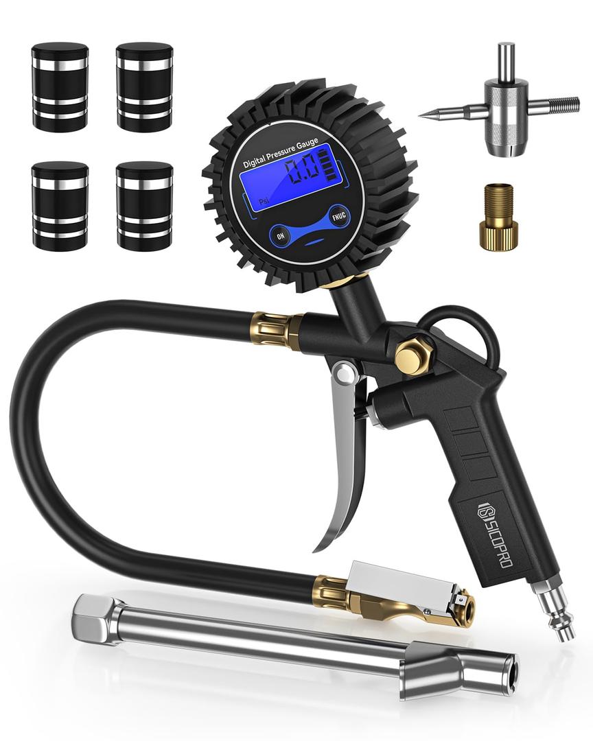 Digital Tire Pressure Gauge with Inflator, T500 Air Compressor Attachments, Heavy Duty Air Chuck with Rubber Hose and Quick Connect Coupler