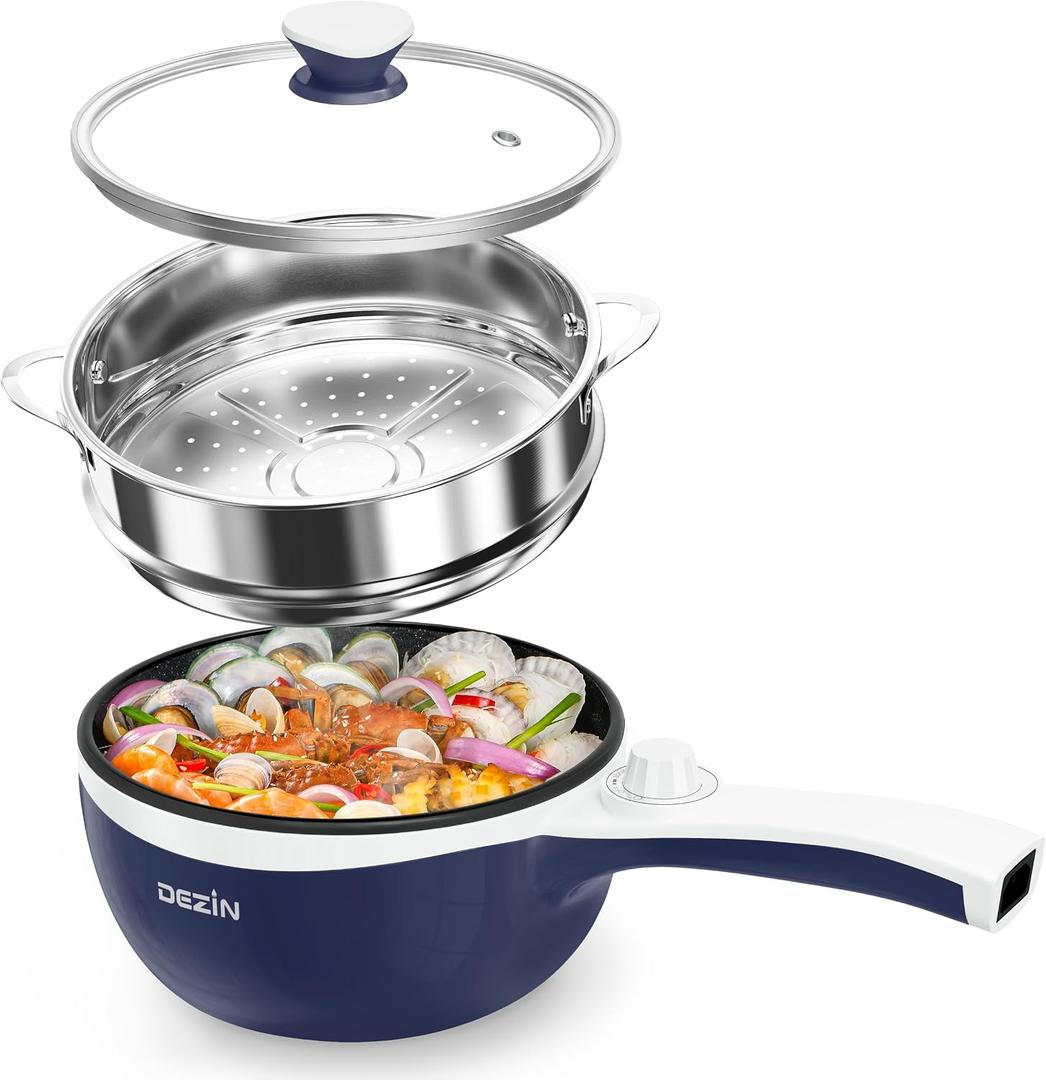 Dezin Hot Pot Electric with Steamer Upgraded, Non-Stick Saut Pan, Rapid Noodles Electric Pot, 1.5L Mini Pot for Steak, Egg, Fried Rice, Ramen, Oatmeal, Soup with Power Adjustment