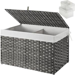 GREENSTELL Storage Basket with Lid, 17.2 Gallon(65L) Small Wicker Blanket Storage Basket with Handles, Foldable, 2 Removable Liner Bags, Metal Frame, for Bedroom, Laundry Room, Grey, 22.2"*13.4"*13.4"