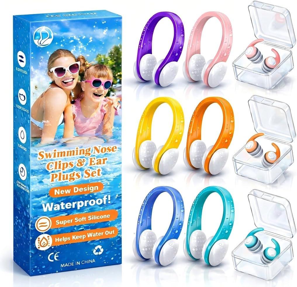 Swimming Nose Clip Ear Plugs - 9 Packs Silicone Swim Nose Plugs with Earplugs for Kids, Waterproof Pool Nose Plug for Diving Surfing and Other Water Sports with Storage Box, Multi-Color